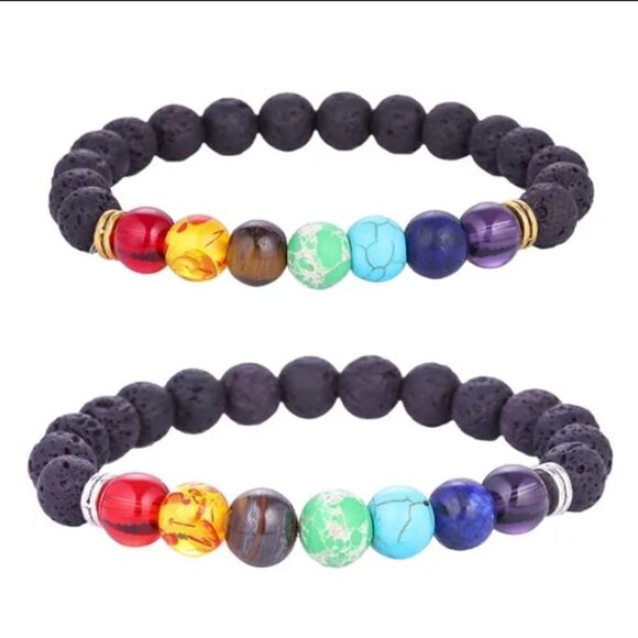 (3) Essential Oil Diffuser Chakra Black Lava Rock Stone Bead Bracelets, Gold - Picture 3 of 5